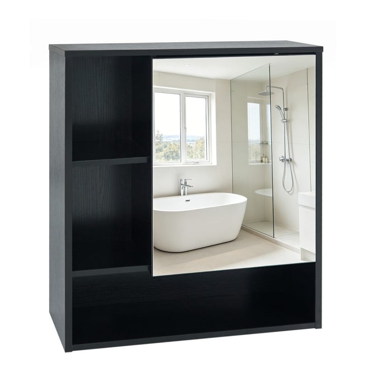 Wall-mounted black mirror cabinet featuring 2 hidden shelves and 3 open compartments for organized bathroom essentials.