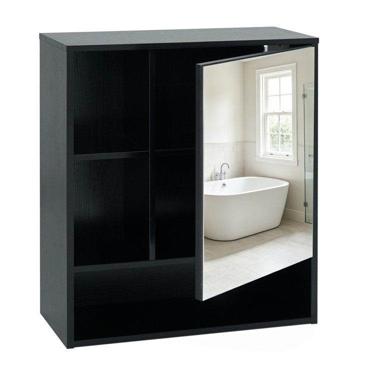 Wall-mounted black mirror cabinet featuring a clear HD aluminum mirror, two hidden shelves, and three open compartments for storage.