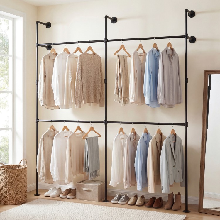 Wall-mounted pipe clothing rack in black with 4 hanging rods, featuring a double-tier design for organized storage.