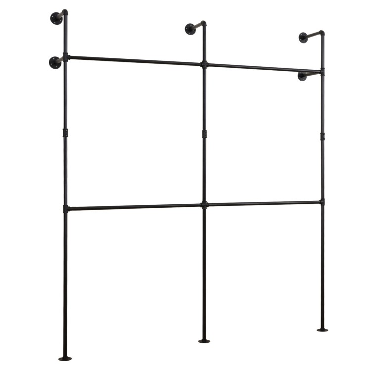 Wall mounted black pipe clothing rack with four hanging rods, designed for organized storage in closets or retail.