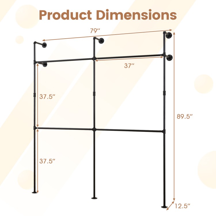 Wall-mounted pipe clothing rack dimensions showing 4 hanging rods, designed for durability and space-saving.