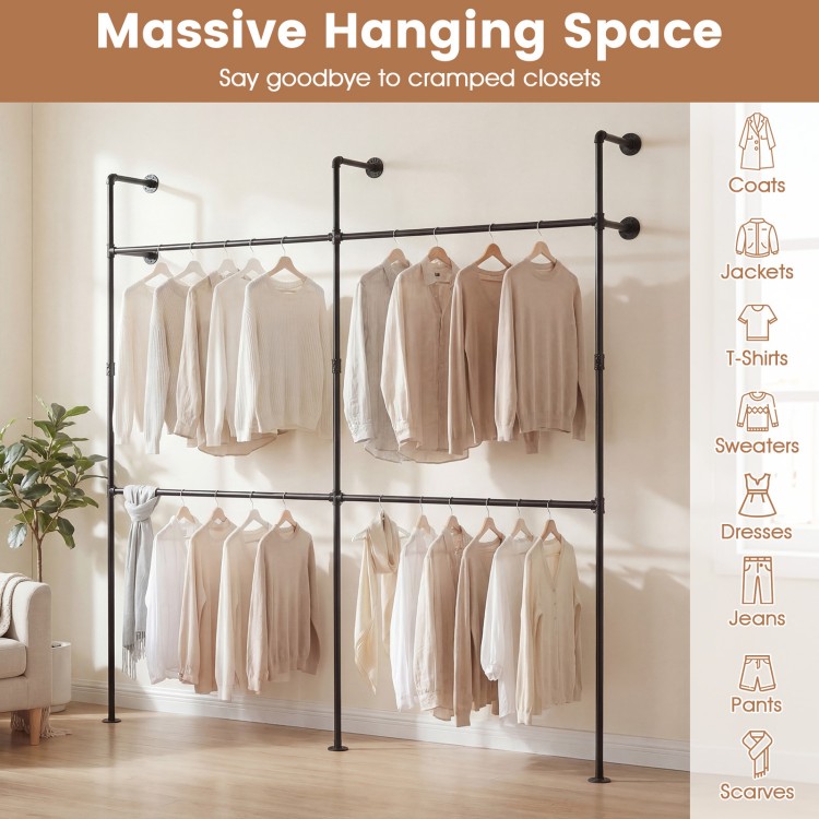 Wall-mounted black clothing rack with 4 hanging rods, featuring double-tier design for coats, shirts, and dresses.