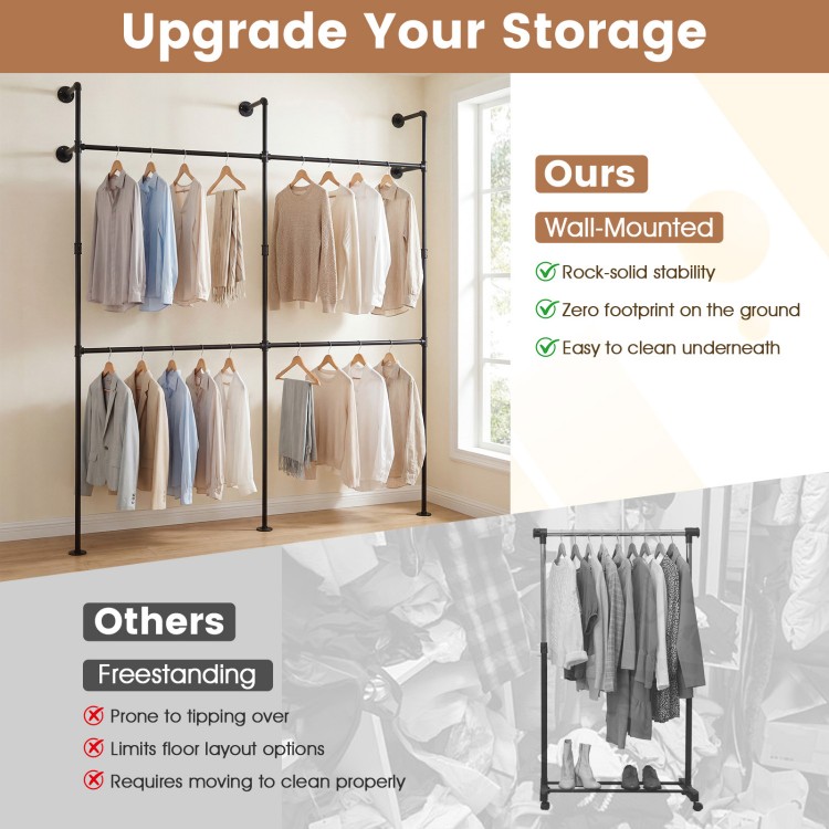 Wall-mounted black clothing rack with 4 hanging rods, designed for durability and space-saving in closets or retail.