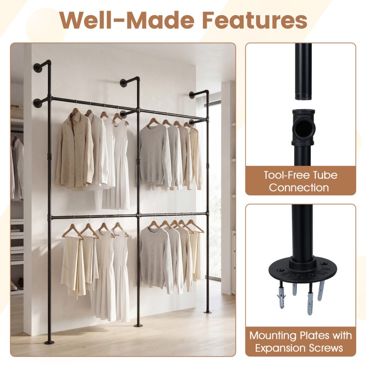 Wall-mounted black clothing rack with four hanging rods, featuring tool-free connections and sturdy SPCC pipes for.