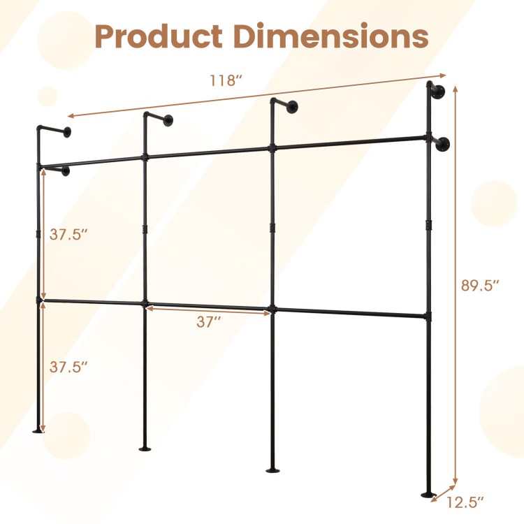 Wall-mounted pipe clothing rack dimensions showing 118" width and 89.5" height, designed for efficient space-saving.