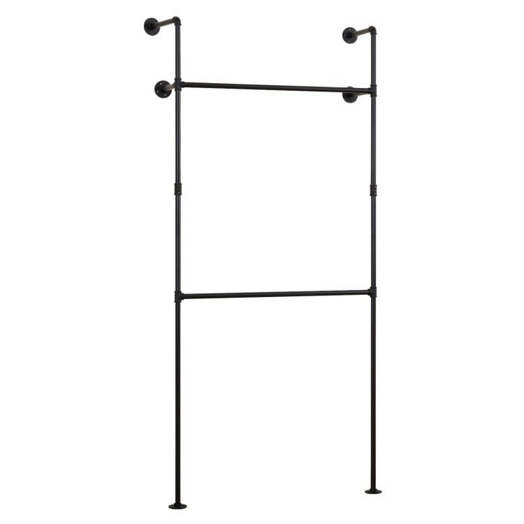 Wall-mounted black pipe clothing rack with two hanging rods, designed for durable organization in closets or retail.