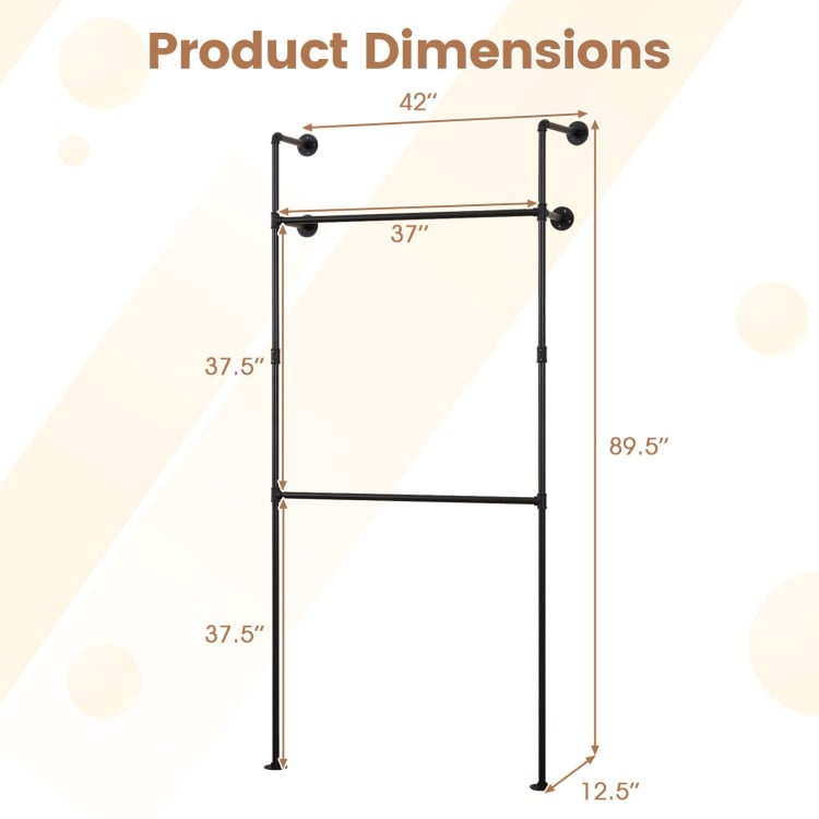 Wall-mounted pipe clothing rack dimensions showing double-tier design, black SPCC pipes, and space-saving features.