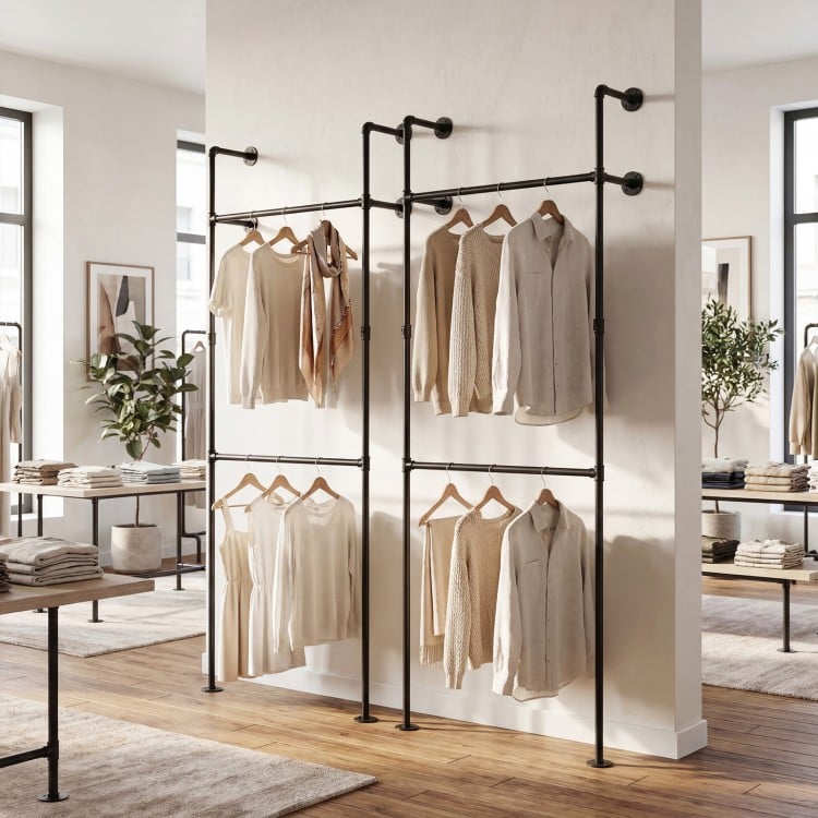Wall-mounted black pipe clothing rack with two hanging rods, showcasing organized shirts and coats for space-saving.