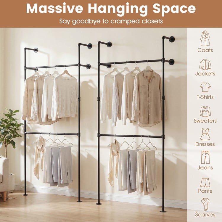 Wall-mounted black clothing rack with double-tier design, ideal for organizing coats, shirts, and dresses in tight.