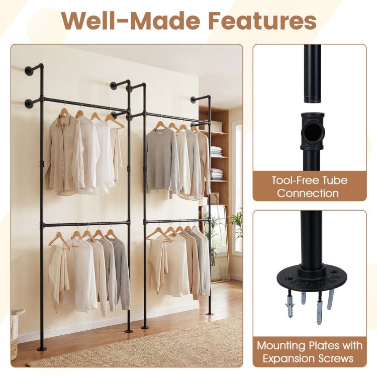 Wall-mounted black clothing rack with two hanging rods, featuring durable SPCC pipes for organized storage in any space.