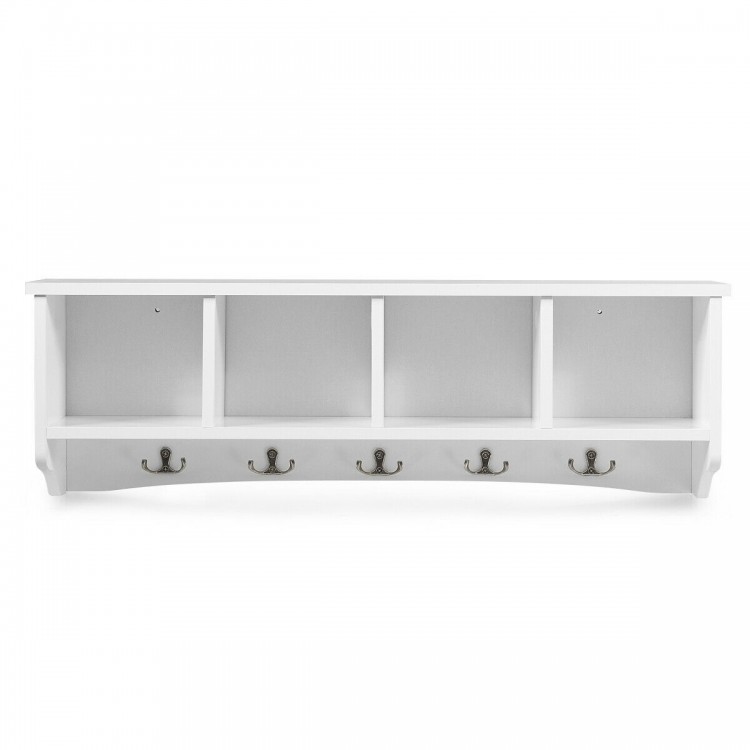 Wall-mounted storage cabinet with five double hooks and four compartments, perfect for entryway organization.