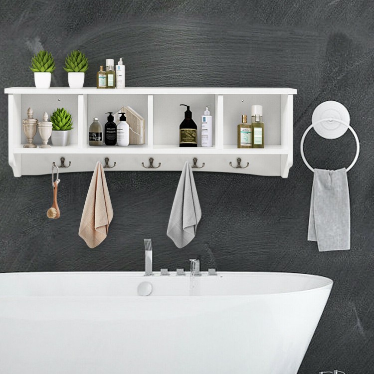 Wall-mounted storage cabinet with five hooks and four compartments, ideal for organizing entryway essentials.