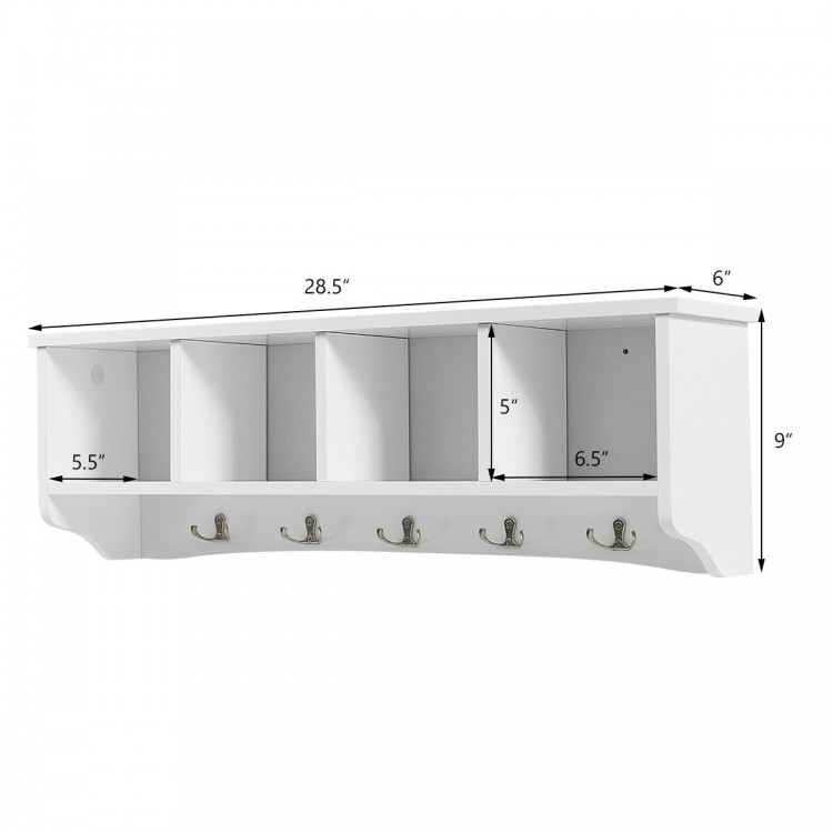 Wall-mounted storage cabinet with five double hooks and four compartments for entryway organization and space-saving.