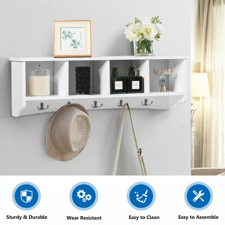 Wall-mounted storage cabinet with five hooks and four compartments, ideal for entryway organization and easy access.