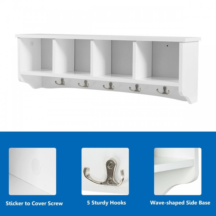 Wall-mounted entryway shelf with five sturdy hooks and four compartments for organized storage and display.