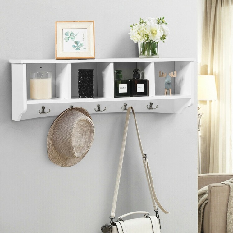 Wall-mounted storage cabinet with five hooks and four compartments, perfect for organizing entryway essentials.