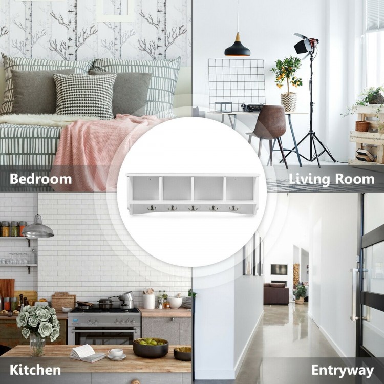 Wall-mounted storage cabinet with five hooks and four compartments, ideal for entryway organization and space-saving.