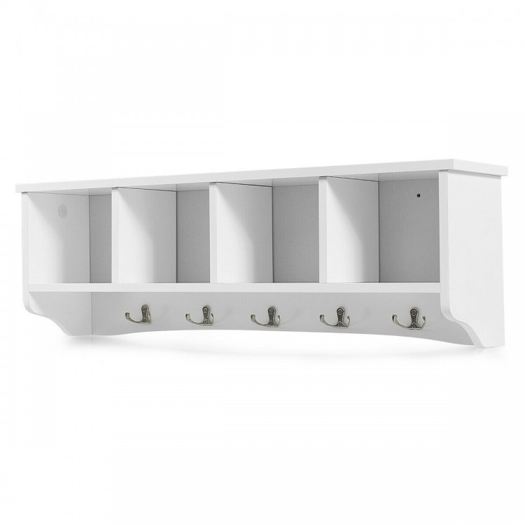 Wall-mounted entryway shelf featuring a sleek design with five hooks and four compartments for stylish storage.