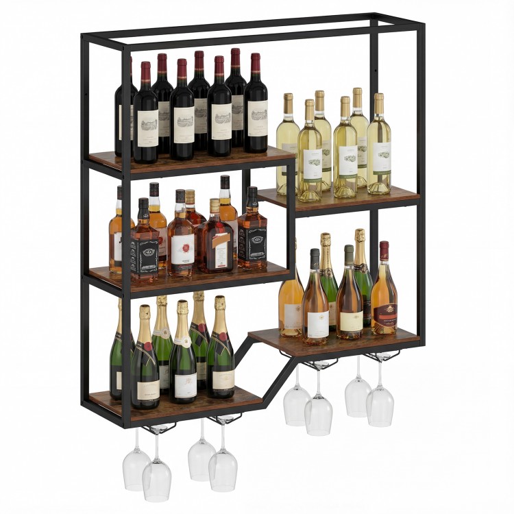 6-tier wall-mounted wine rack in rustic brown, featuring bottle display shelves and glass holder for home bars.