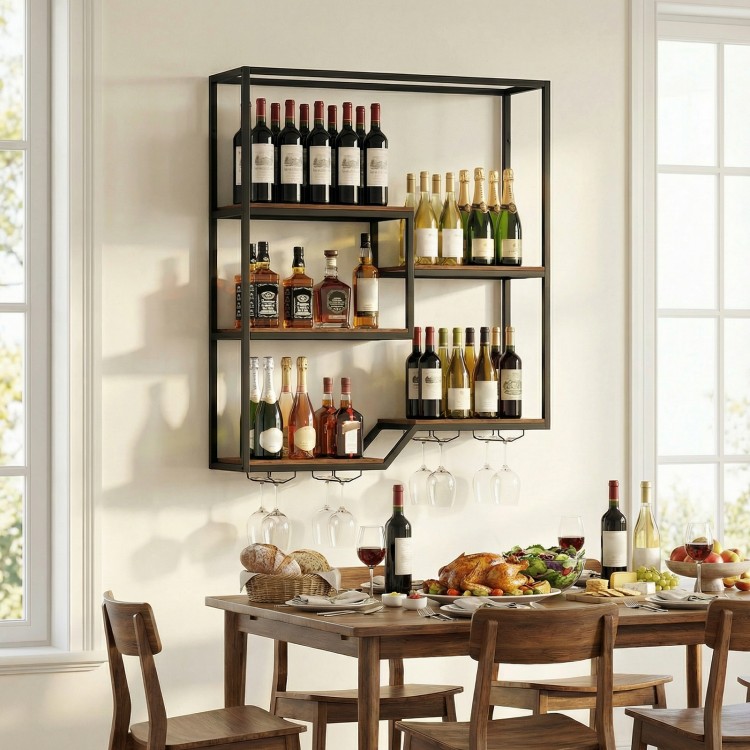 Wall-mounted wine rack in rustic brown with 6 staggered shelves, holding wine bottles and glasses for stylish storage.