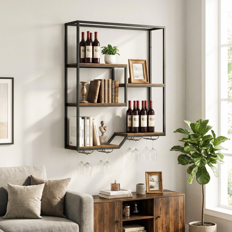 Wall-mounted wine rack in rustic brown with 6 shelves, wine glass holder, and sturdy metal frame for home bars.