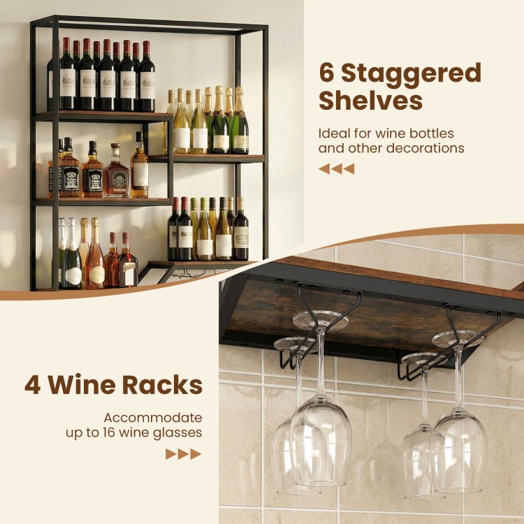 Wall-mounted wine rack with 6 staggered shelves and 4 wine racks for up to 16 glasses, perfect for home bars.