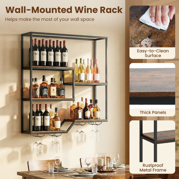 Wall-mounted wine rack in rustic brown with 6 shelves, glass holder, and rustproof metal frame for home bars.