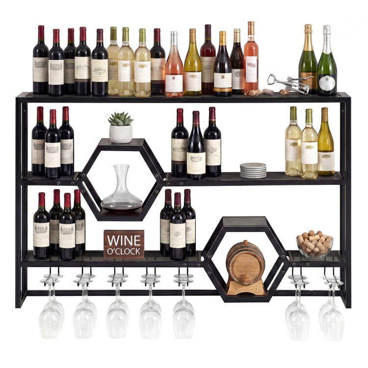 Large wall-mounted wine rack with three shelves and honeycomb cubbies, designed for stylish storage and easy access.
