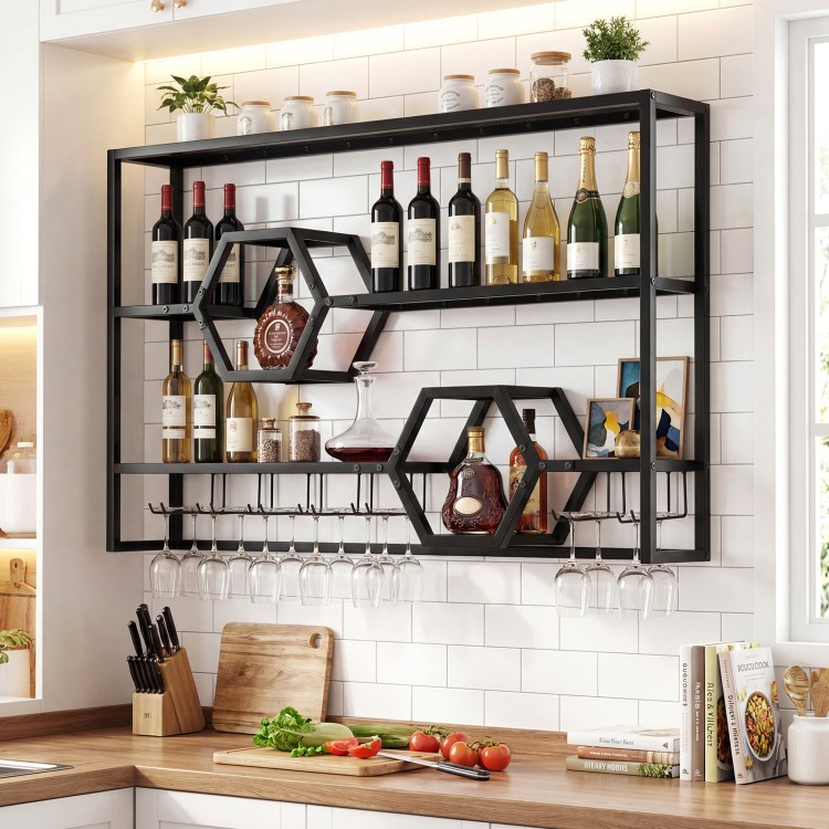 Wall-mounted wine rack with 3 shelves and 2 honeycomb cubbies, black metal frame for stylish storage in any kitchen.