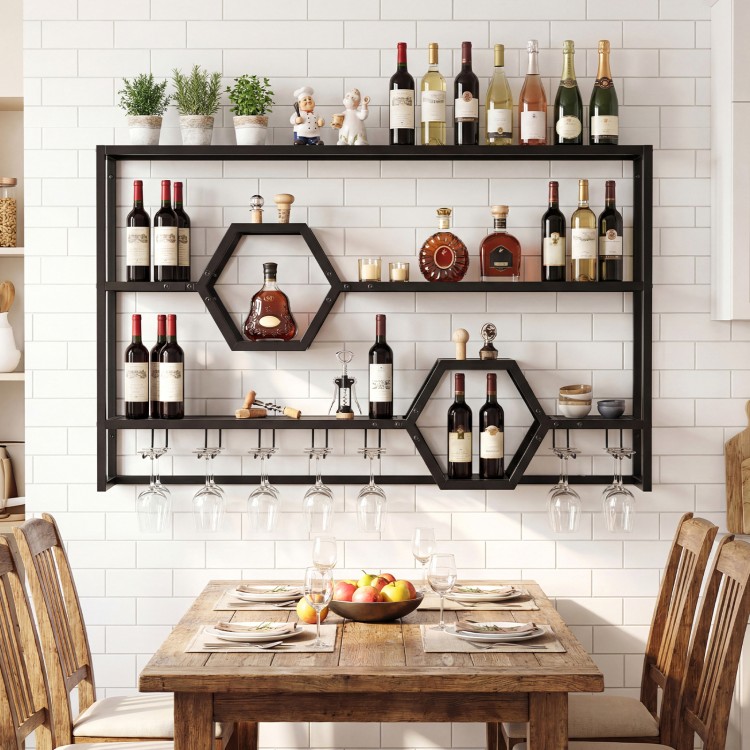 Wall-mounted wine rack with three shelves and two honeycomb cubbies, designed for stylish storage and organization.