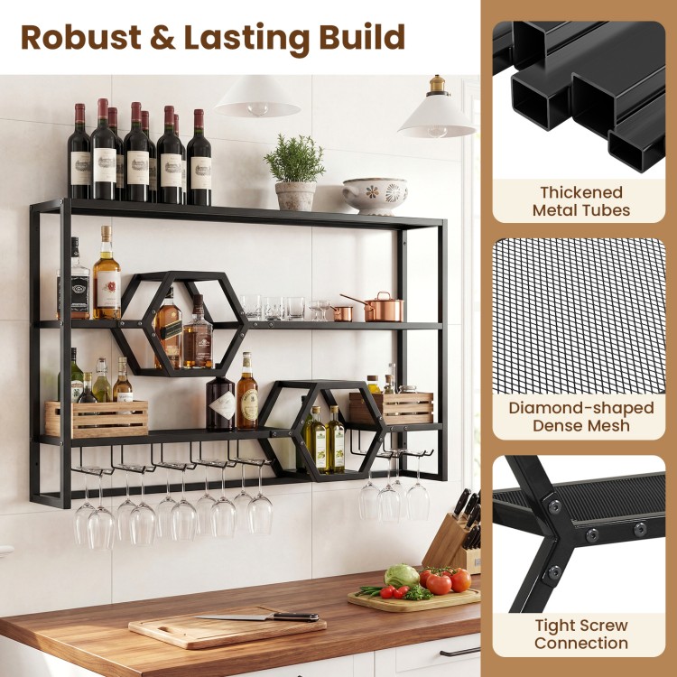 Wall-mounted wine rack with three shelves and two honeycomb cubbies, featuring a black metal frame for modern decor.