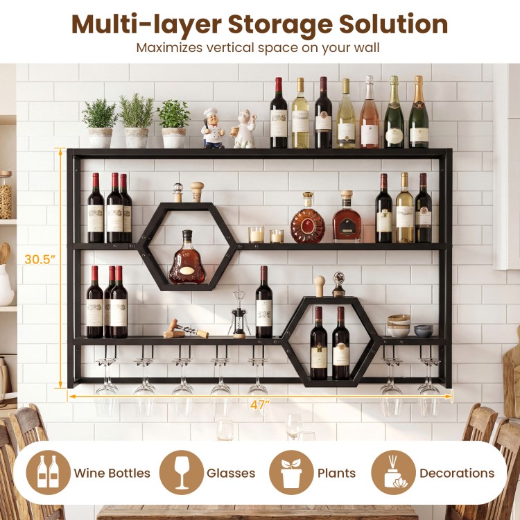 Wall-mounted wine rack with 3 shelves and 2 honeycomb cubbies, black metal frame for stylish storage and decor.