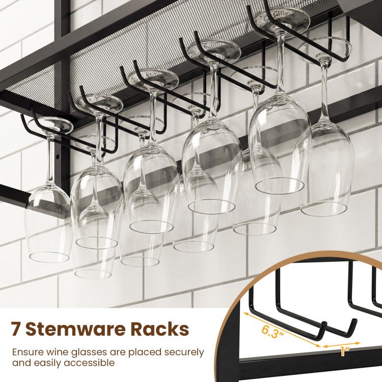 Wall-mounted wine rack with 7 stemware racks for easy access, featuring a black metal frame and modern design.