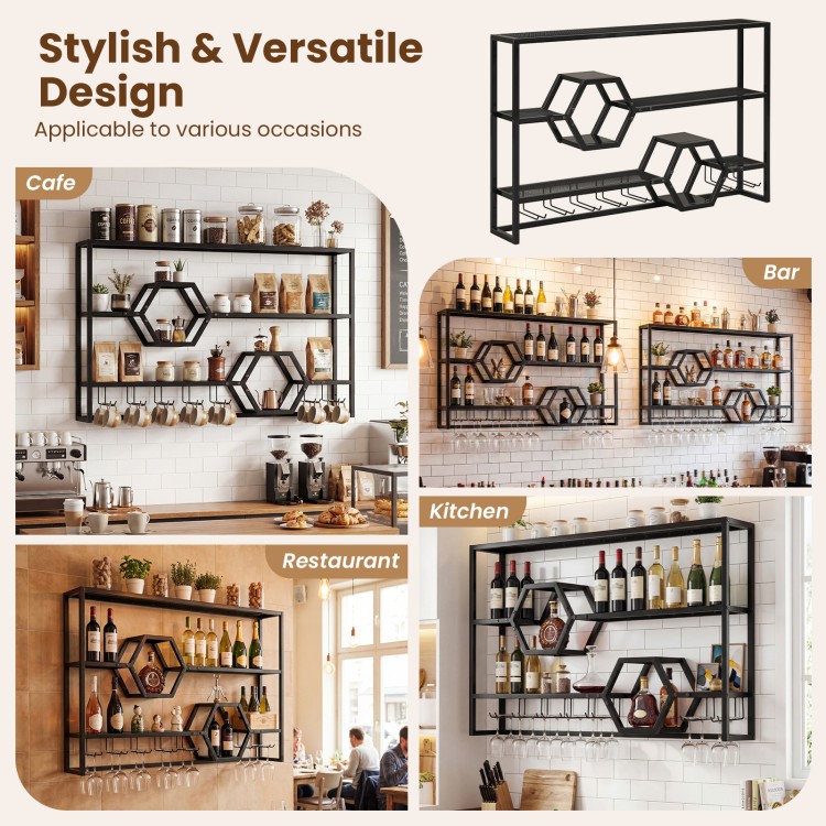 Wall-mounted wine rack with 3 shelves and 2 honeycomb cubbies, black metal frame for stylish kitchen or bar storage.