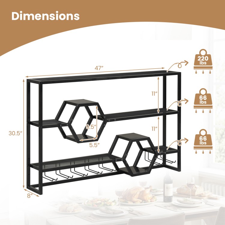 Wall-mounted wine rack with dimensions, featuring 3 shelves and 2 honeycomb cubbies for stylish storage.