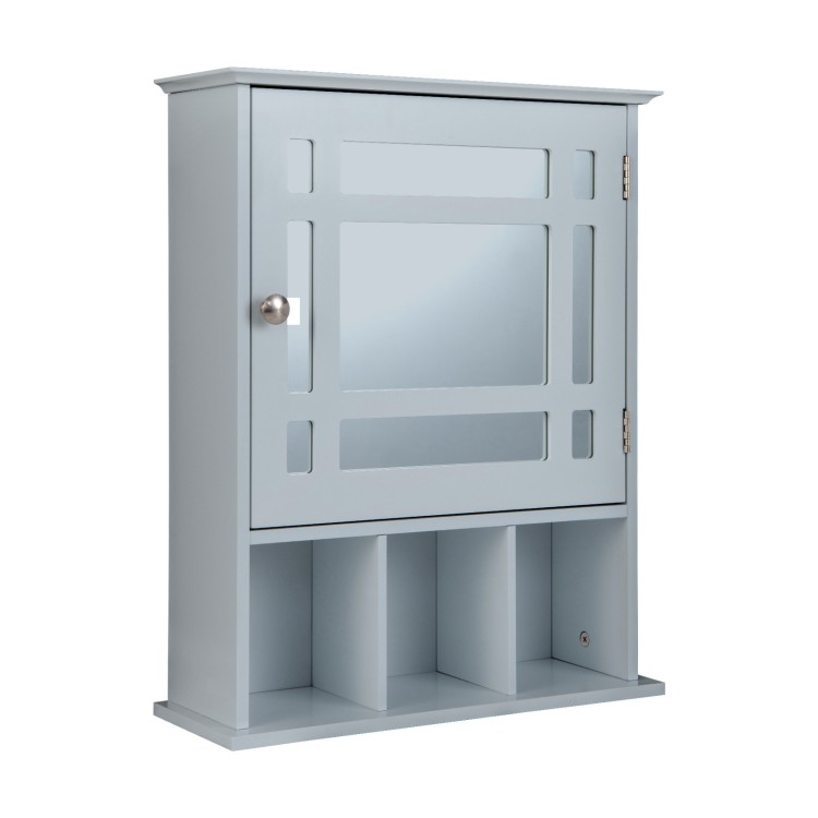 Gray wall-mounted bathroom cabinet with mirrored door, 2-tier storage, and 3 open compartments for versatile.