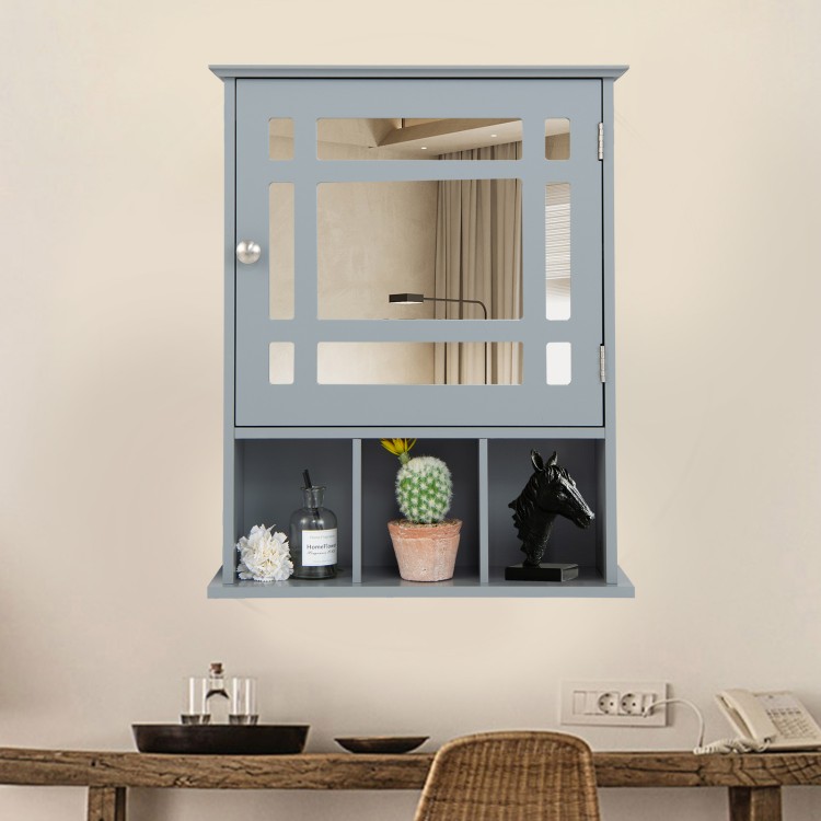 Gray wall-mounted bathroom cabinet with mirror door, 2-tier storage, and 3 open compartments for versatile organization.