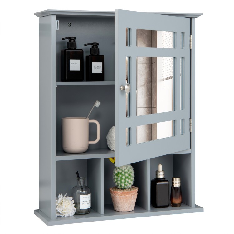 Gray wall-mounted bathroom cabinet with mirror door, featuring 2 tiers and 3 open compartments for versatile storage.