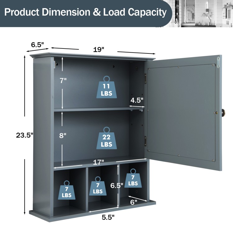 Gray wall-mounted bathroom cabinet with mirror door, featuring 2 tiers and 3 compartments for versatile storage.
