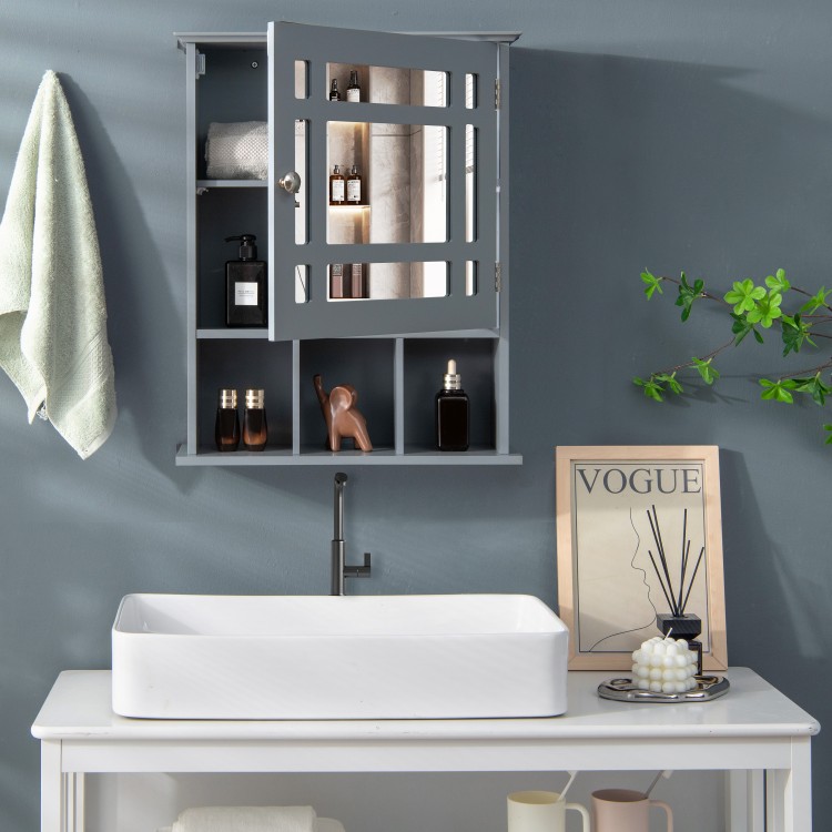 Gray wall-mounted bathroom cabinet with mirrored door, featuring 2 tiers and 3 open compartments for versatile storage.