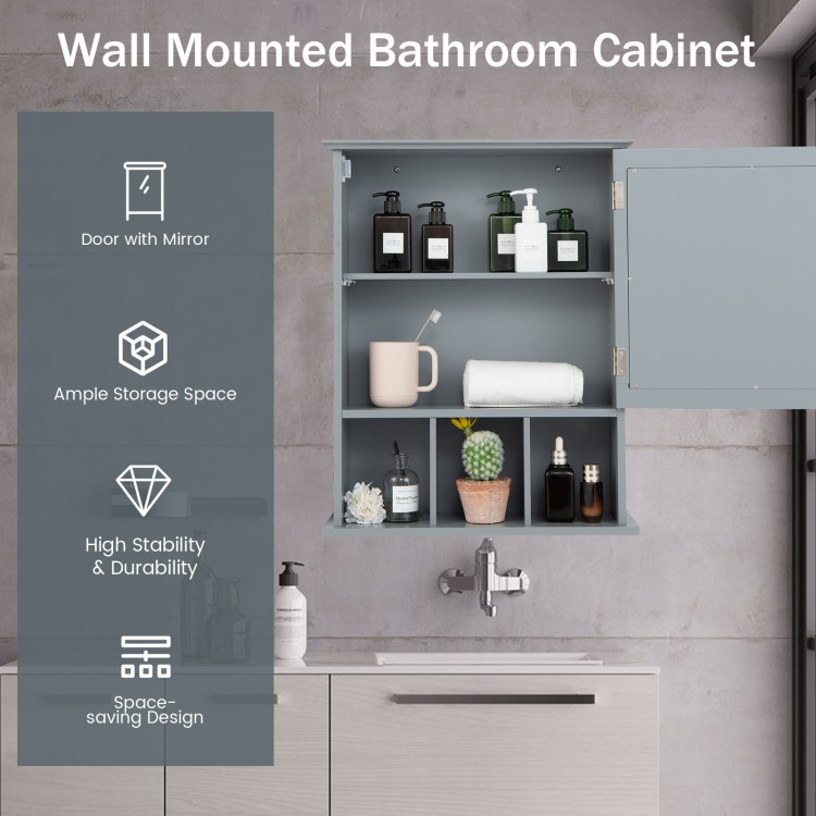 Wall mounted gray bathroom cabinet with mirror door, ample storage, and adjustable shelves for versatile organization.