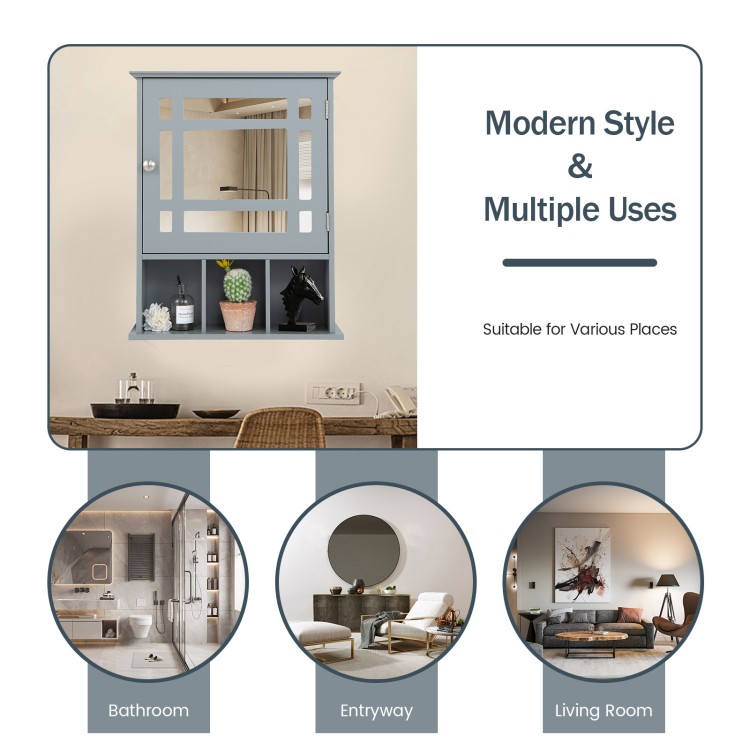 Gray wall-mounted bathroom cabinet with mirror door, 2-tier storage, and modern design for versatile home use.