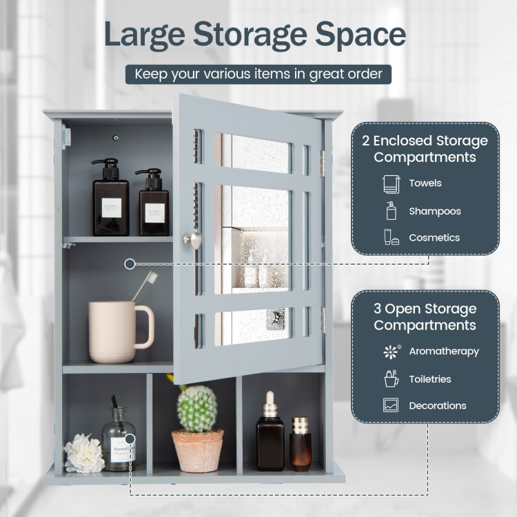 Gray wall-mounted bathroom cabinet with mirrored door, featuring 2 enclosed and 3 open storage compartments for.