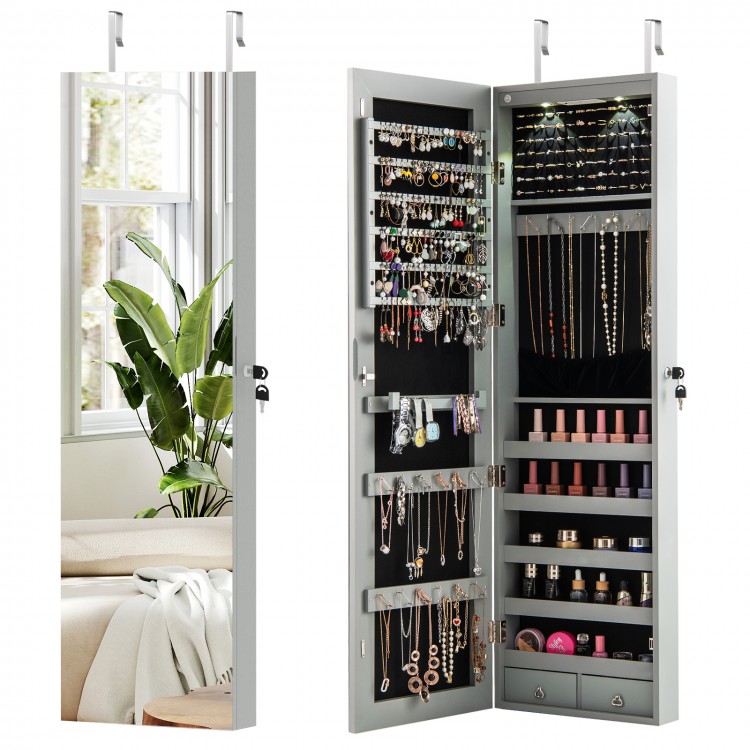 Gray wall and door mounted mirrored jewelry cabinet with LED lights, featuring spacious storage and lockable design.