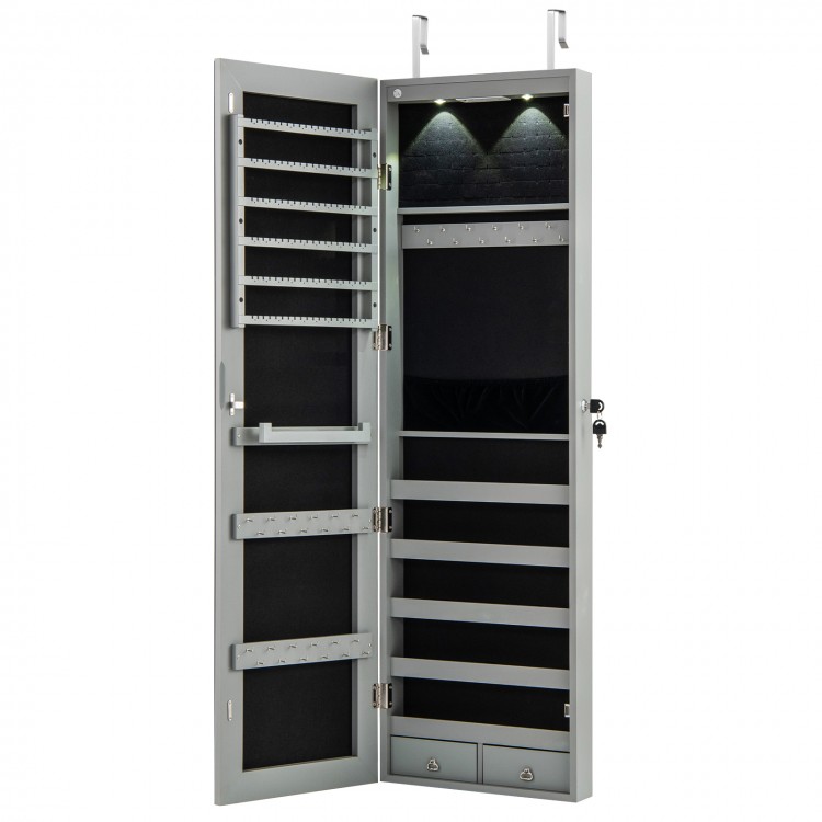 Gray wall and door mounted mirrored jewelry cabinet with LED lights, featuring spacious storage and a lockable design.