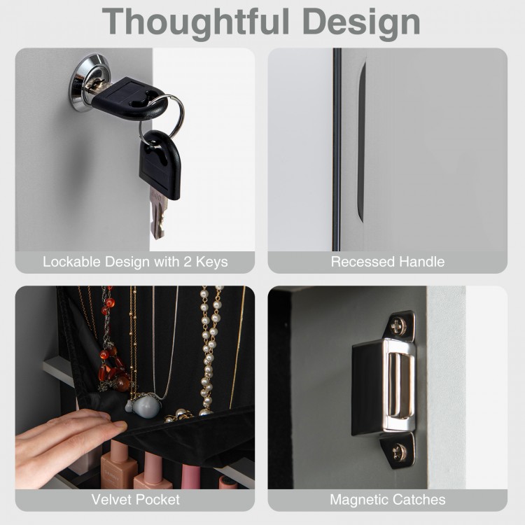 Lockable gray mirrored jewelry cabinet with LED lights, velvet pockets, and magnetic catches for organized storage.