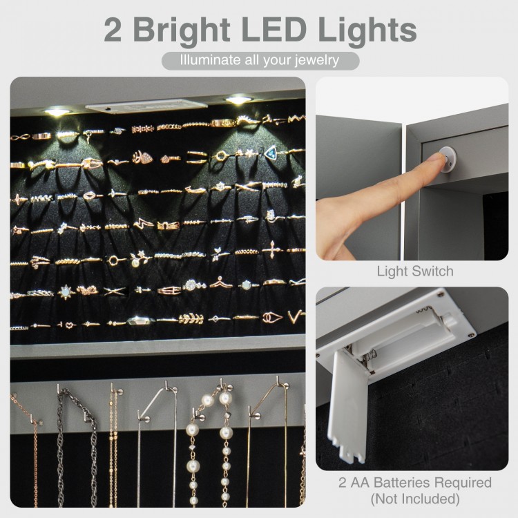 Jewelry cabinet with LED lights, gray MDF, lockable design, spacious storage for rings, necklaces, and earrings.