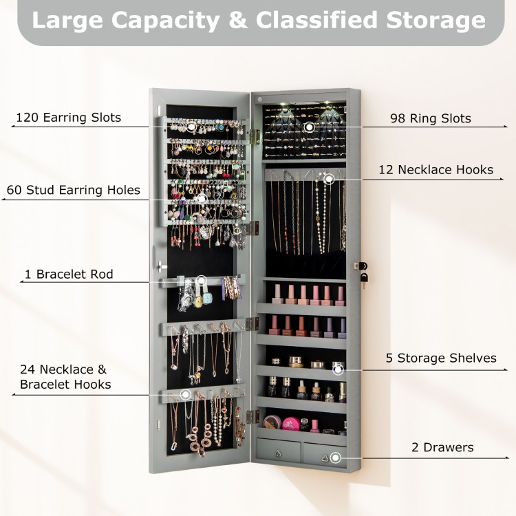 Gray wall and door mounted jewelry cabinet with LED lights, featuring 120 earring slots and spacious storage options.