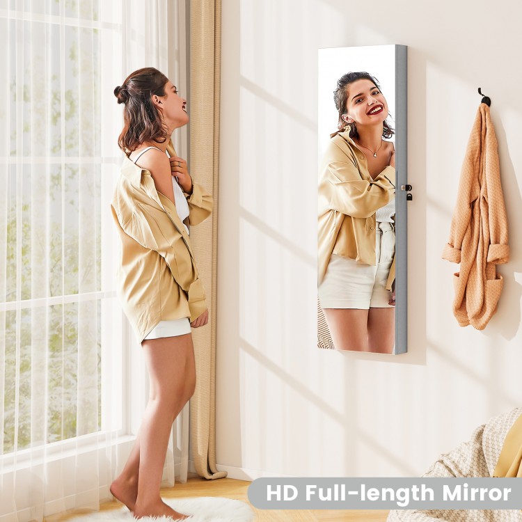 Full-length mirror with a gray jewelry cabinet, featuring LED lights and spacious storage for organized accessories.