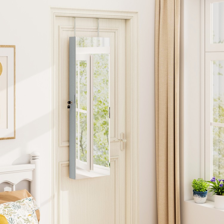 Full-length mirror jewelry cabinet in gray, featuring LED lights and spacious storage for jewelry, mounted on a door.